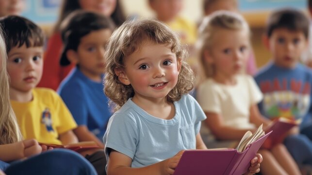 Young children in a bright, colorful classroom participating in a storytime session with a teacher reading aloud their wide-eyed attention and the engaging storytelling atmosphere showcase the magic