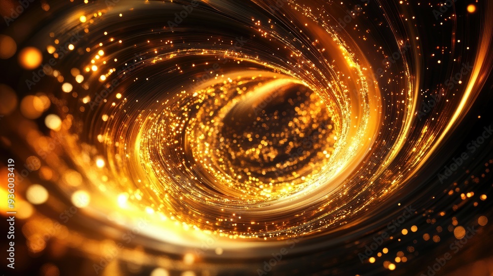 Poster dynamic 3d golden vortex with intricate, glowing patterns, illustrating motion and richness. -