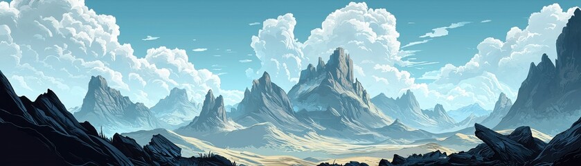 Fototapeta premium A breathtaking landscape featuring majestic mountains and a vibrant sky filled with clouds, capturing the essence of nature's beauty.
