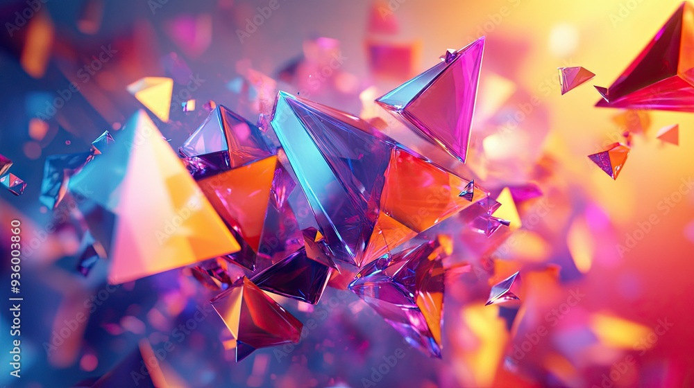 Poster dynamic 3d rendering of energetic polygonal shapes in motion with vibrant colors.