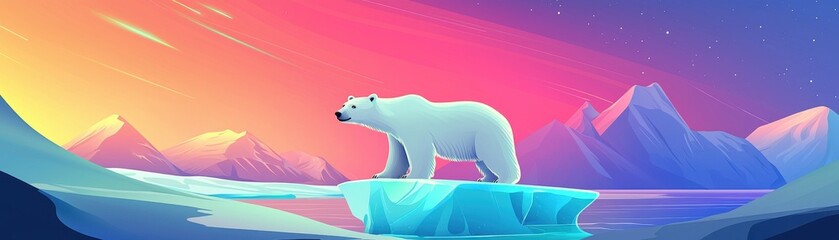 Fototapeta premium A majestic polar bear stands on an ice floe under a vibrant sunset, showcasing the beauty of the Arctic landscape.