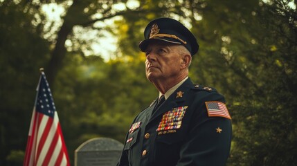 Obraz premium A military veteran in uniform standing solemnly in front of a memorial, holding a small American flag, with a background of trees and a gentle breeze, capturing the solemn pride and respect for those