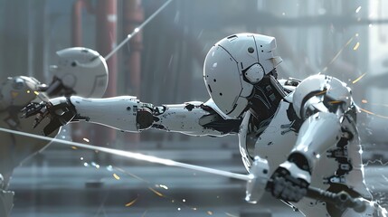 Fototapeta premium Robot Fencer in Duel: A nimble robot fencer engaging in a fast-paced duel, sword raised. 