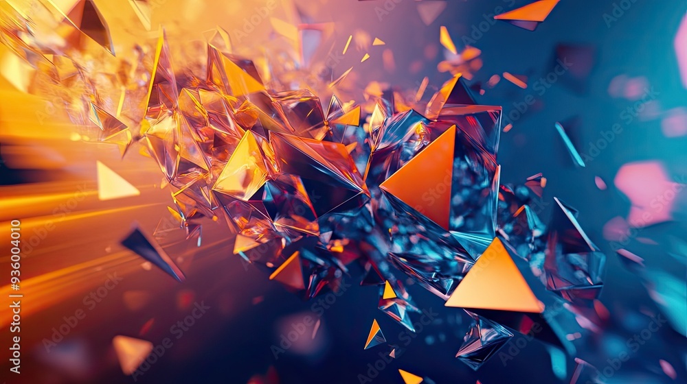 Poster dynamic 3d rendering of polygonal shapes in motion, capturing an energetic and vibrant feel. -