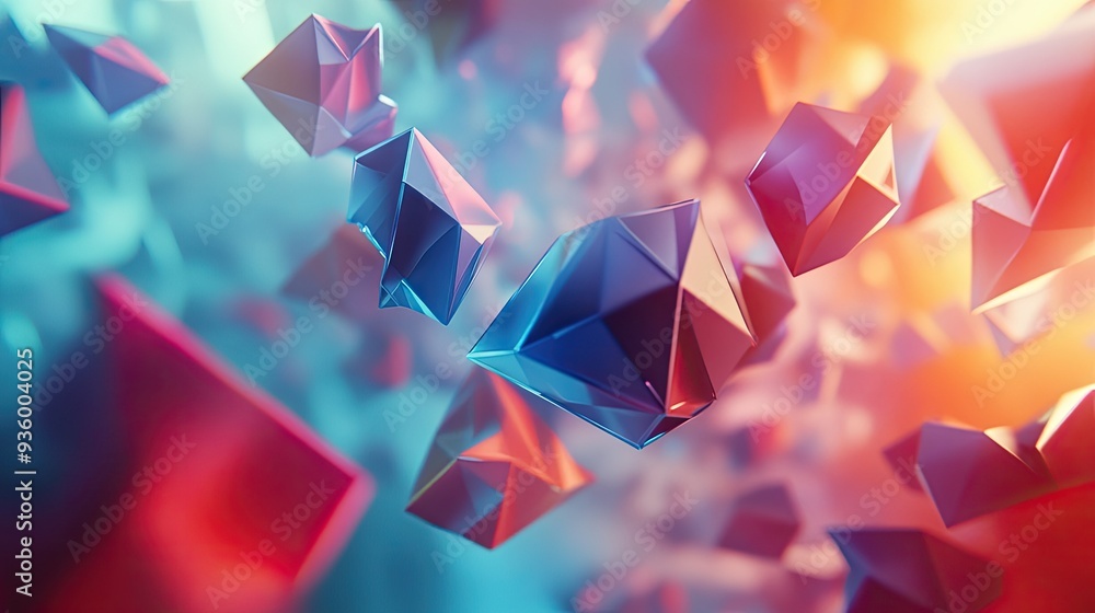 Poster dynamic 3d rendering of polygonal shapes in motion, capturing an energetic and vibrant feel. -