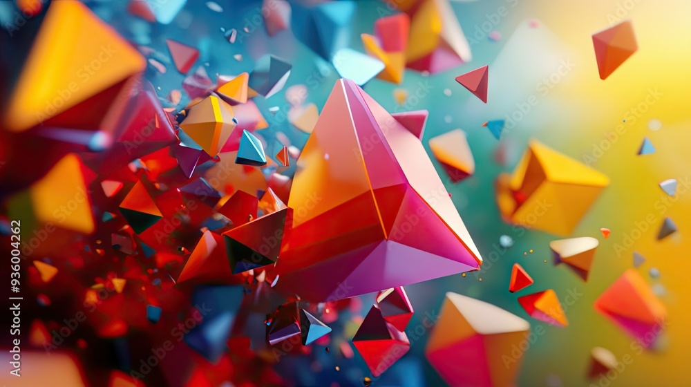 Poster dynamic 3d rendering with colorful, rotating polygonal shapes and an energetic feel. -
