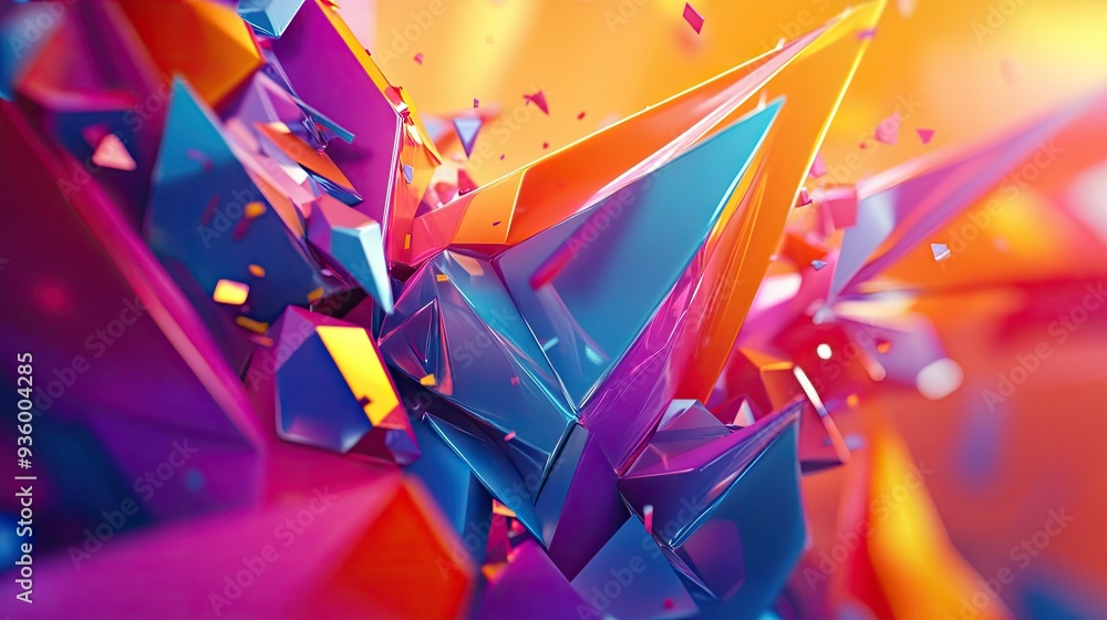 Poster dynamic 3d rendering with colorful, rotating polygonal shapes and an energetic feel. -