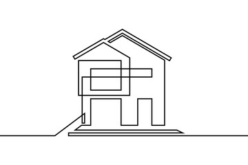 Abstract house in continuous line art drawing style. Two-storey family home with big terrace black linear design isolated on white background. Vector illustration