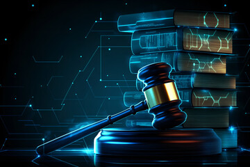 A legal gavel and a stack of books, with AI technology