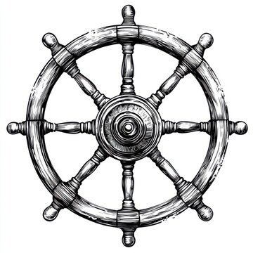 recommend clip art: Black and white Vintage engraved art of a vintage sailboat wheel, isolated on white background, ink sketch illustration, simple vector art design, highly detailed line art, high contrasty