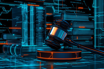 A legal gavel and a stack of books, with AI technology