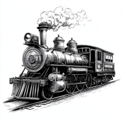 Black and white Vintage engraved art of a vintage steam engine, isolated on white background, ink sketch illustration, simple vector art design, highly detailed line art, high contrasty