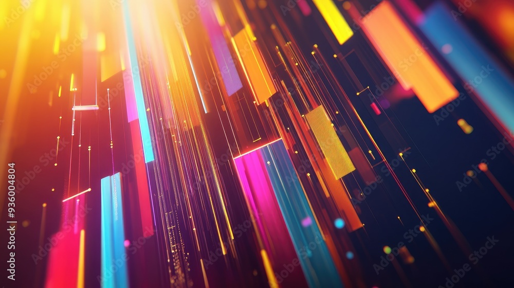 Poster dynamic abstract 3d financial graph with intersecting lines and bars in vibrant colors.
