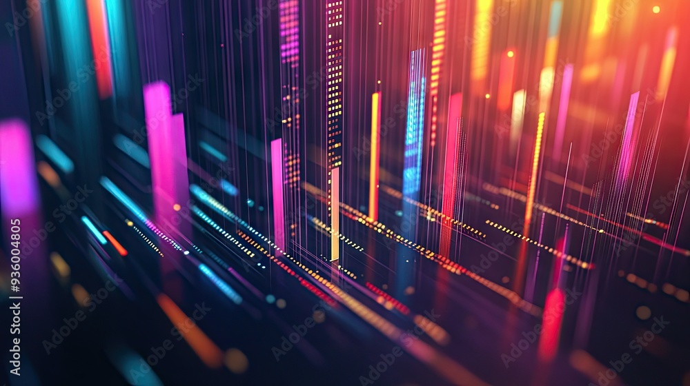 Poster dynamic abstract 3d financial graph with intersecting lines and bars in vibrant colors.