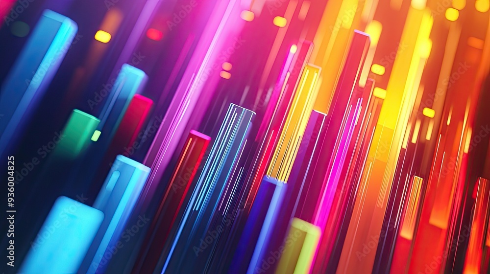 Poster dynamic abstract 3d financial graph with intersecting lines and bars in vibrant colors.