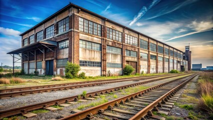 Naklejka premium Abandoned industrial building with railway in the background , urban decay, post-industrial