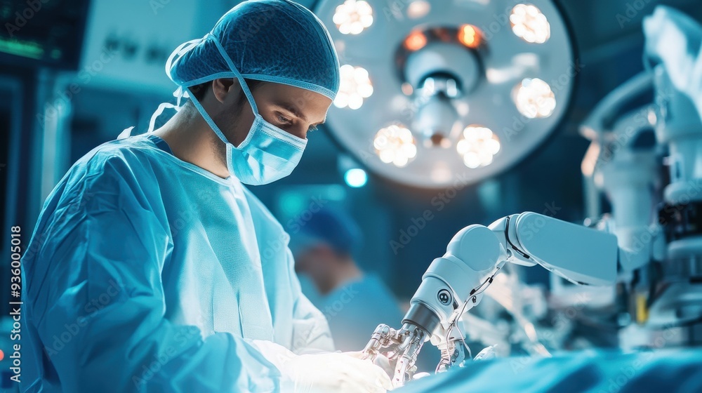 Poster surgeon focused intently while operating in a high-tech surgical room with advanced medical technolo
