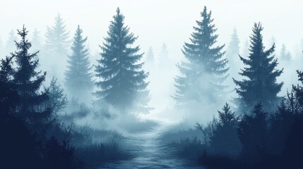 Fototapeta premium A serene forest shrouded in mist, highlighting the beauty of nature and tranquility in a foggy atmosphere.