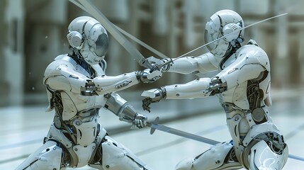 Naklejka premium Robot Fencer in Duel: A nimble robot fencer engaging in a fast-paced duel, sword raised. 