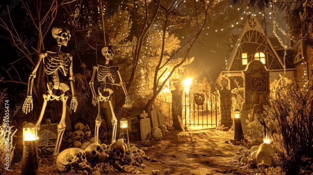 Wall mural Skeleton yard with haunted ambiance and gravestones for Halloween decor