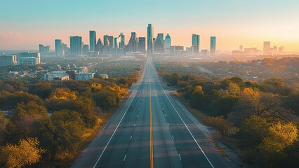 Aerial Perspective of a Desolate Road Leading to a Bustling City Skyline with Gradual Urban Transition 