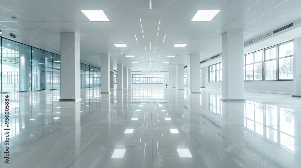 Poster clean and spacious empty showroom ready for display of products.