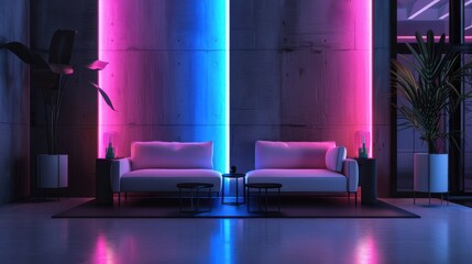 Modern background with a sleek black base, highlighted by vibrant neon accents in pink and blue, creating a futuristic and stylish aesthetic perfect for an office space or contemporary home