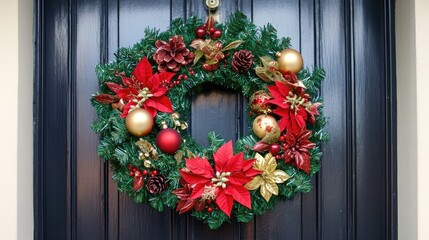 Christmas Wreath with Red Berries and Pinecones
