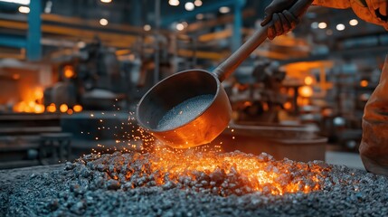 Worker pouring molten metal in a foundry with sparks flying, showcasing the industrial process of metal casting in a factory environment.