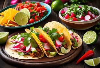 vibrant display colorful tacos fresh garnishes showcasing feast textures flavors, food, plate, vegetable, herb, salsa, ingredients, meal, appetizer, spice