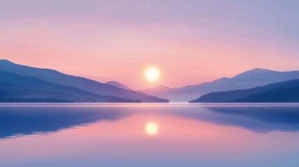 Fototapeta premium A serene sunset over calm waters, with misty mountains in the background, creating a tranquil and picturesque landscape.