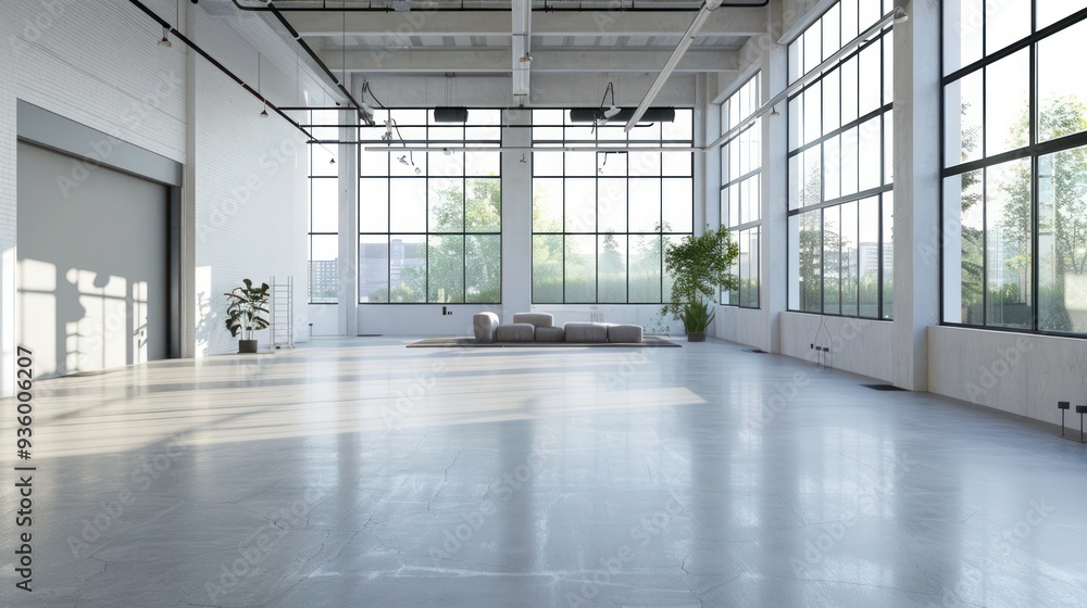 Poster high-angle view of an empty showroom with large windows and minimalistic decor.