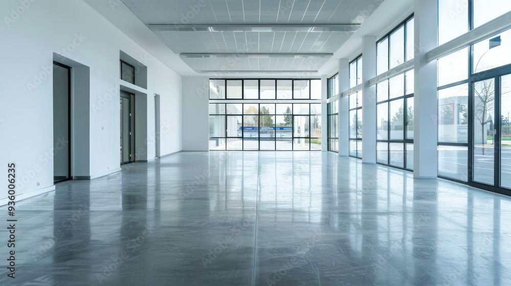 Poster high-angle view of an empty showroom with large windows and minimalistic decor.