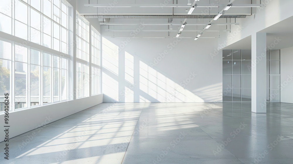 Poster high-angle view of an empty showroom with large windows and minimalistic decor.