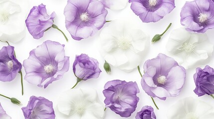 Elegant pattern of white and purple eustoma flowers on a white background, showcasing their delicate beauty.