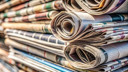 A close-up shot of a stack of current newspaper rolls on a newsstand , news, daily, headlines, journalism, media
