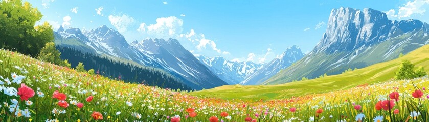 A vibrant landscape featuring colorful flowers, rolling hills, and majestic mountains under a clear blue sky.