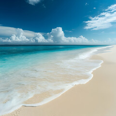 a tropical beach scene. white sand extending along the shoreline, with clear, turquoise-blue water gently lapping at the edge.
