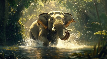 Elephant splashing in an Indian lake, droplets of water catching the sunlight, with lush vegetation all around.