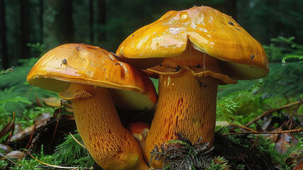 Fototapeta premium boletus among moss in autumn forest, fall, mushrooms, trees, wood, nature, beauty, macro photo, plant, beauty, season, orange, brown, ecology, eco, background, wallpaper