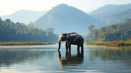 Obraz premium Elephant standing in the middle of an Indian lake, peacefully drinking water, with reflections of trees and mountains. -