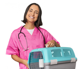 Young Caucasian female vet holding cage laughing and having fun.