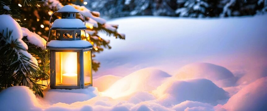 A vintage glowing lantern surrounded by snow-covered pine branches and red berries, casting a warm light onto the snow below.
AI generated.