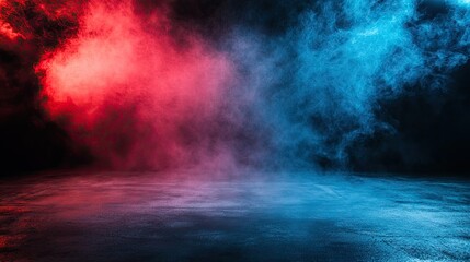 Empty space of Studio dark room with fog or mist and lighting effect red and blue on concrete floor grunge texture background.