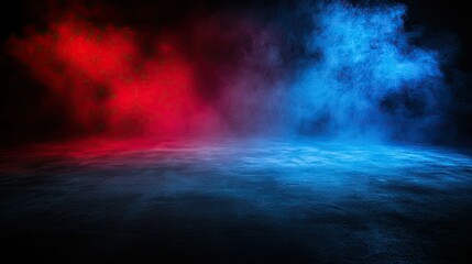 Empty space of Studio dark room with fog or mist and lighting effect red and blue on concrete floor grunge texture background.