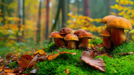 boletus among moss in autumn forest, fall, mushrooms, trees, wood, nature, beauty, macro photo, plant, beauty, season, orange, brown, ecology, eco, background, wallpaper