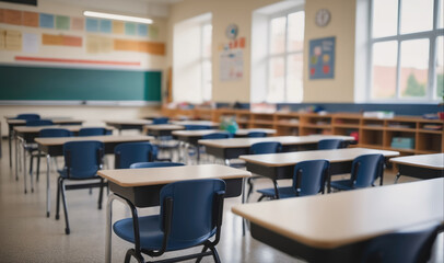 An empty classroom with desks and chairs is ready for students