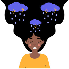 A young woman with dark hair depicts feelings of anxiety and sadness in a stormy illustration