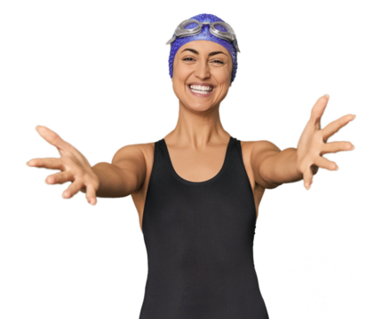 Young Caucasian female professional swimmer feels confident giving a hug to the camera.