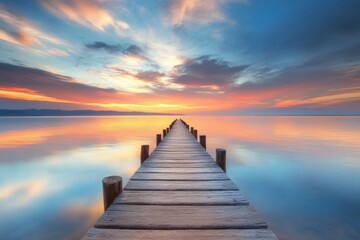 Fototapeta premium Tranquil pier at sunset with beautiful reflections. The sky is painted in vibrant hues. A perfect escape into nature. Ideal for relaxation and inspiration. Generative AI